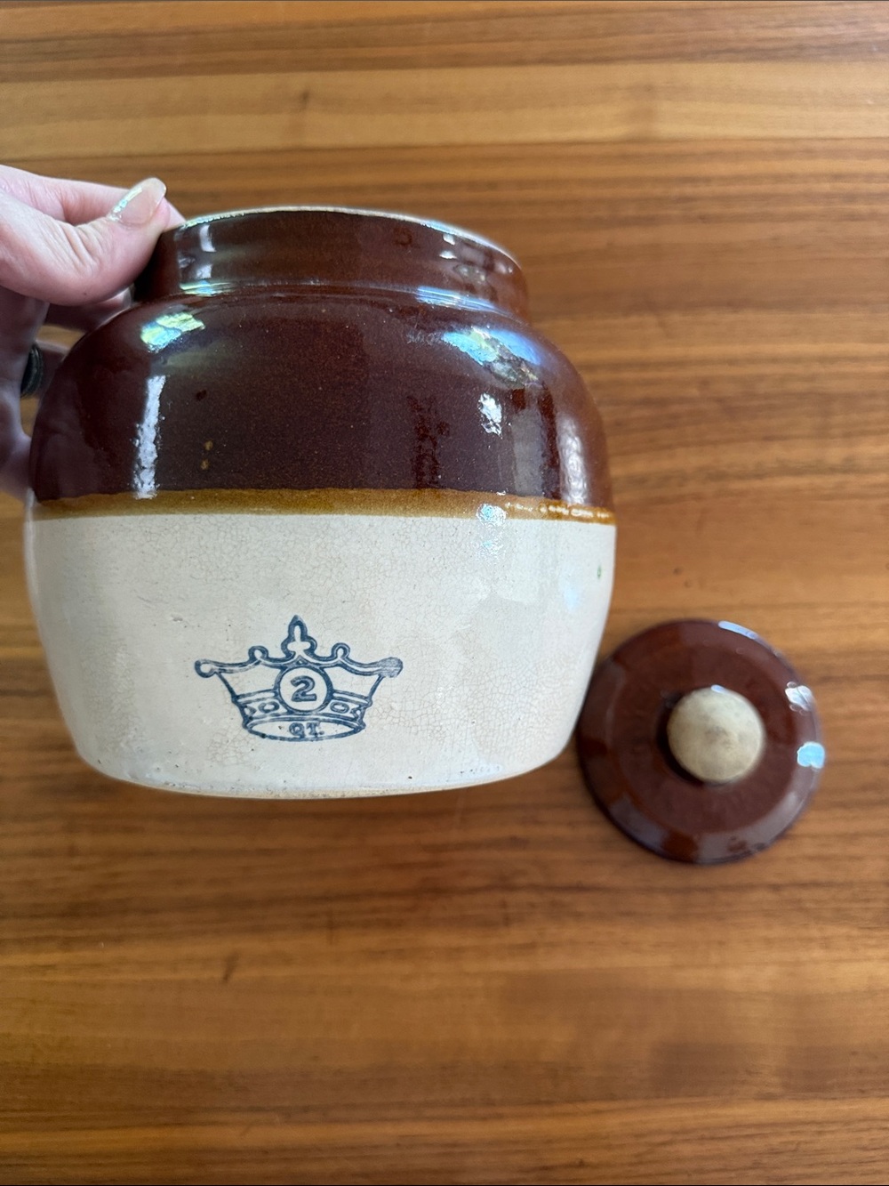 Brown and Cream Stoneware Crock with Crown Mark with lid no chips